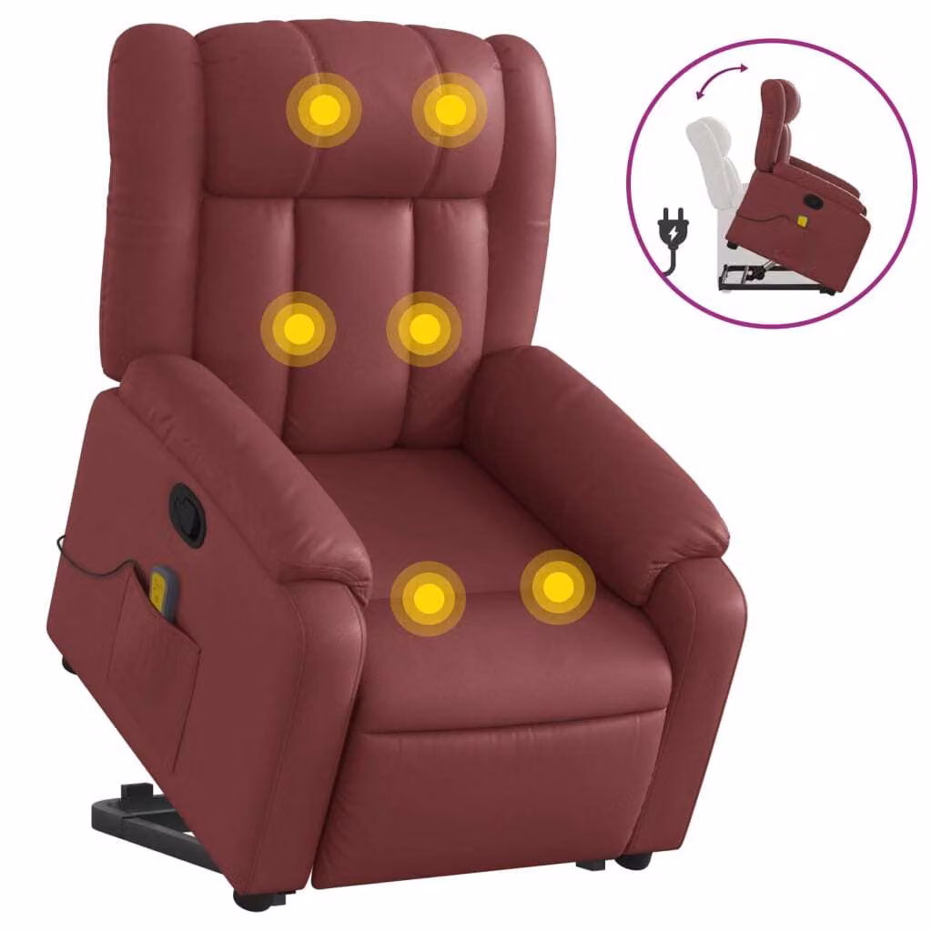 Poltrona Alzapersone Massaggi Reclinabile Rosso Vino Pelle finta