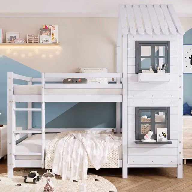 Letto a castello per bambini; 90x200cm; stile casa; con corrimano; finestra; protezione di sicurezza; bianco