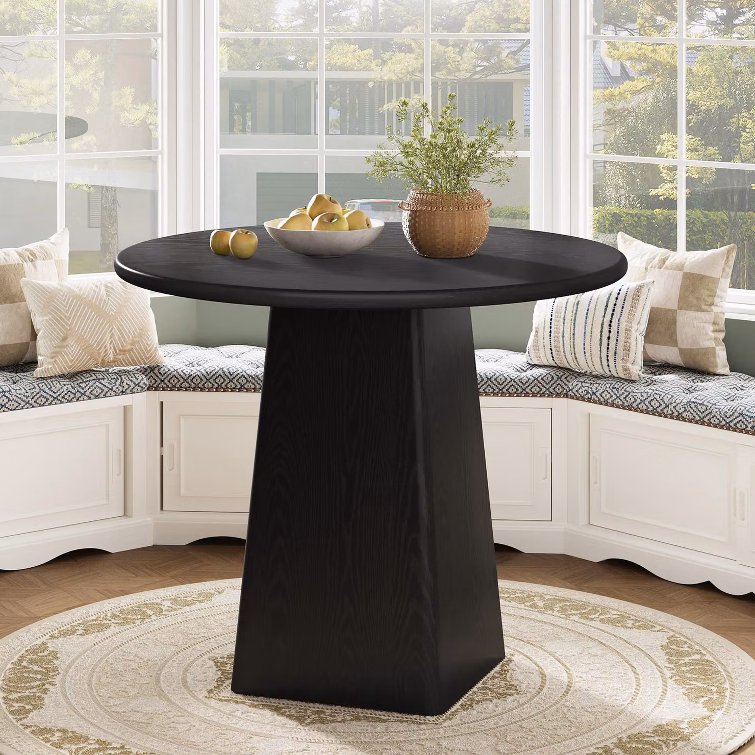 Tavolo rotondo da pranzo di 80 cm di diametro, adatto per 2-4 persone, piccolo tavolo da cucina in stile rustico con base quadrata, ideale per la sala da pranzo e il soggiorno, colore nero
