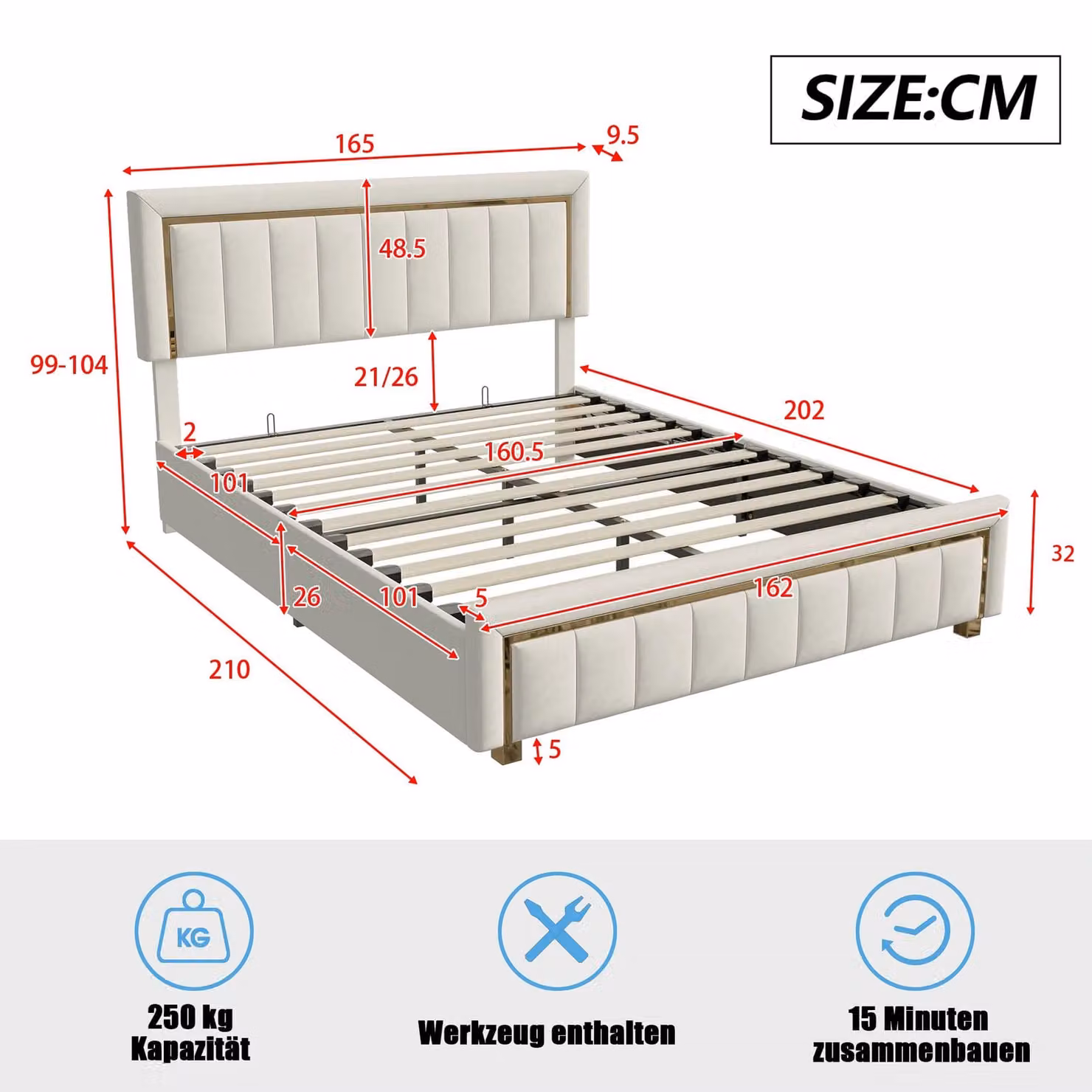 Letto imbottito - Letto matrimoniale - 160 x 200 cm - Contenitore a sollevamento idraulico - Retino - Poggiatesta regolabile - Rivestimento in velluto - Beige