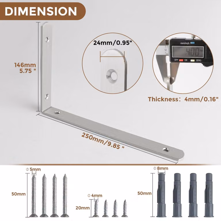 Supporti per tavole, spazzolati, 2 pezzi, 250 x 150 mm, in acciaio inossidabile, per montaggio a parete