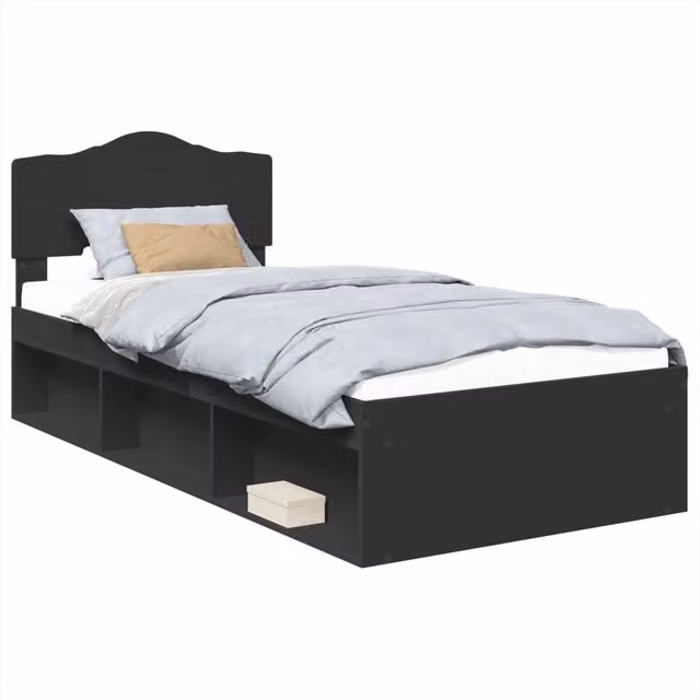 Letto singolo | Letto per adulti | Struttura del letto con testiera Nero 75 x 190 cm Pino massello