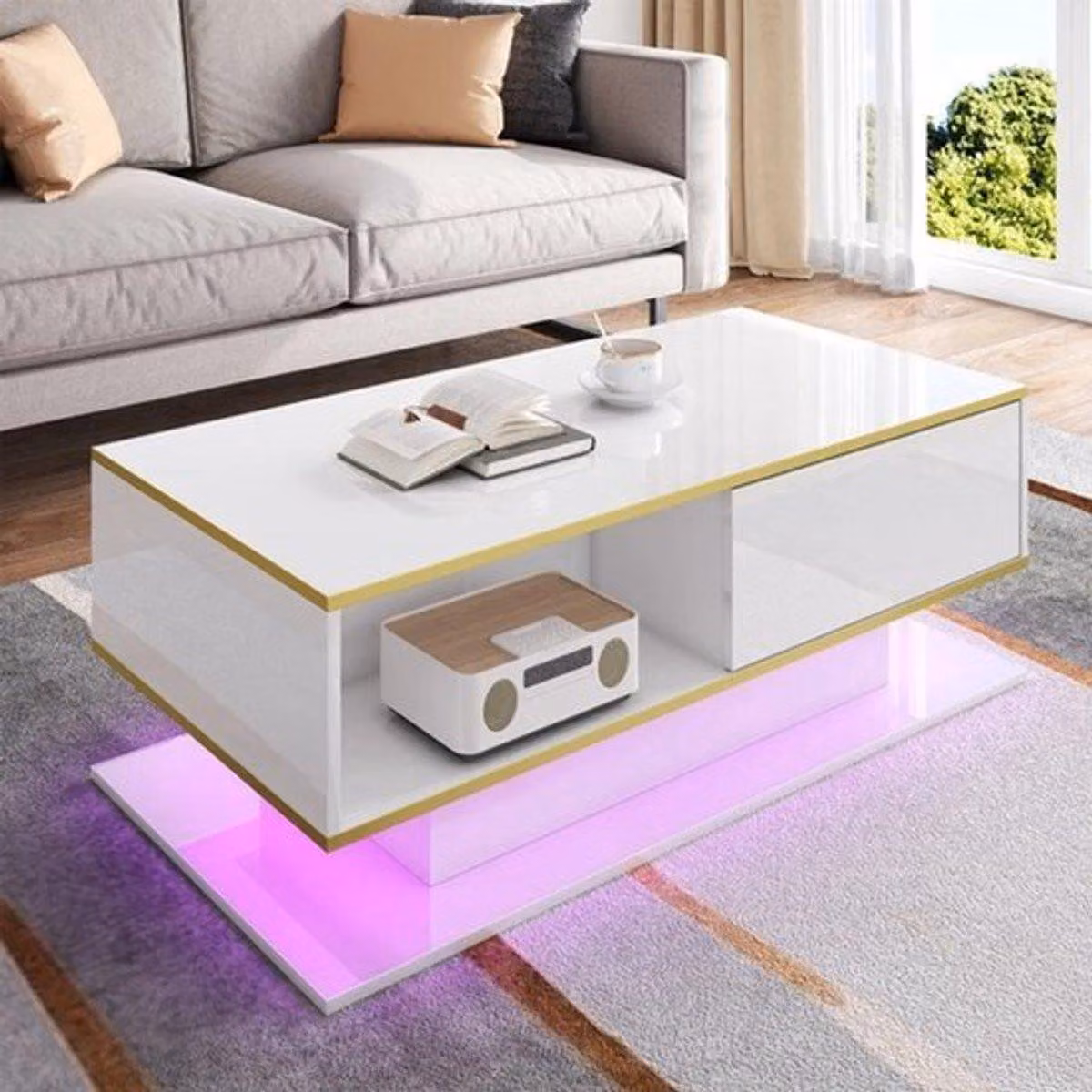 Tavolino moderno con LED - Finitura dorata lucida - Con cassetti e illuminazione a colori regolabile
