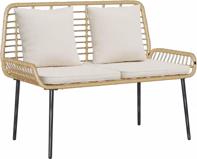 Panchina da giardino moderna in rattan e metallo con braccioli, colore marrone e beige