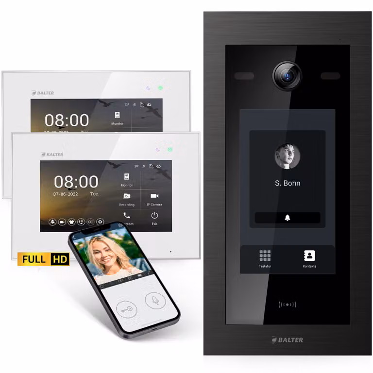 Videocitofono Balter EVO-HD con touchscreen nero, app, 1 casa familiare, 2x monitor da 7 pollici, campanello con telecamera full HD, bus a 2 fili