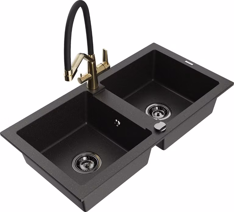 Mexen Mario lavello da cucina in granito a 2 vasche con rubinetto Duo, nero/oro metallizzato - 6504-75-671701-57-B