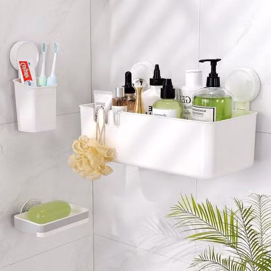 Portaoggetti per doccia con portasapone e portaspazzolino - Robusto supporto a ventosa - Set organizer per bagno e cucina - Riutilizzabile e senza forature