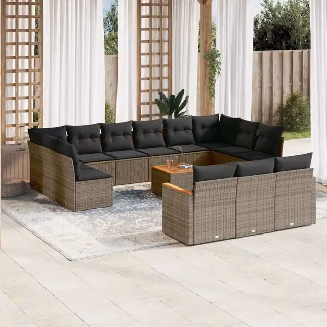 Set di Divani da Giardino VIDAXL a Forma di U in Polyrattan Grigio con 14 Pezzi e Cuscini