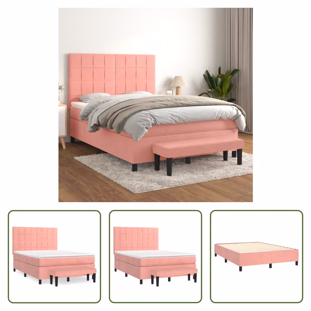 The Living Store Letto a molle con materasso Rosa 140x190 cm Velluto