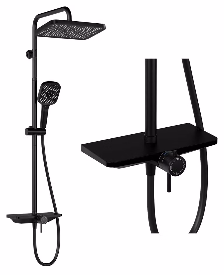 Sistema doccia completo con miscelatore e ripiano – Soffione a pioggia quadrato nero, dimensioni 30 x 19,5 cm – Doccetta manuale 3+1 con getto bidet – Barra doccia regolabile in altezza – Acciaio inossidabile