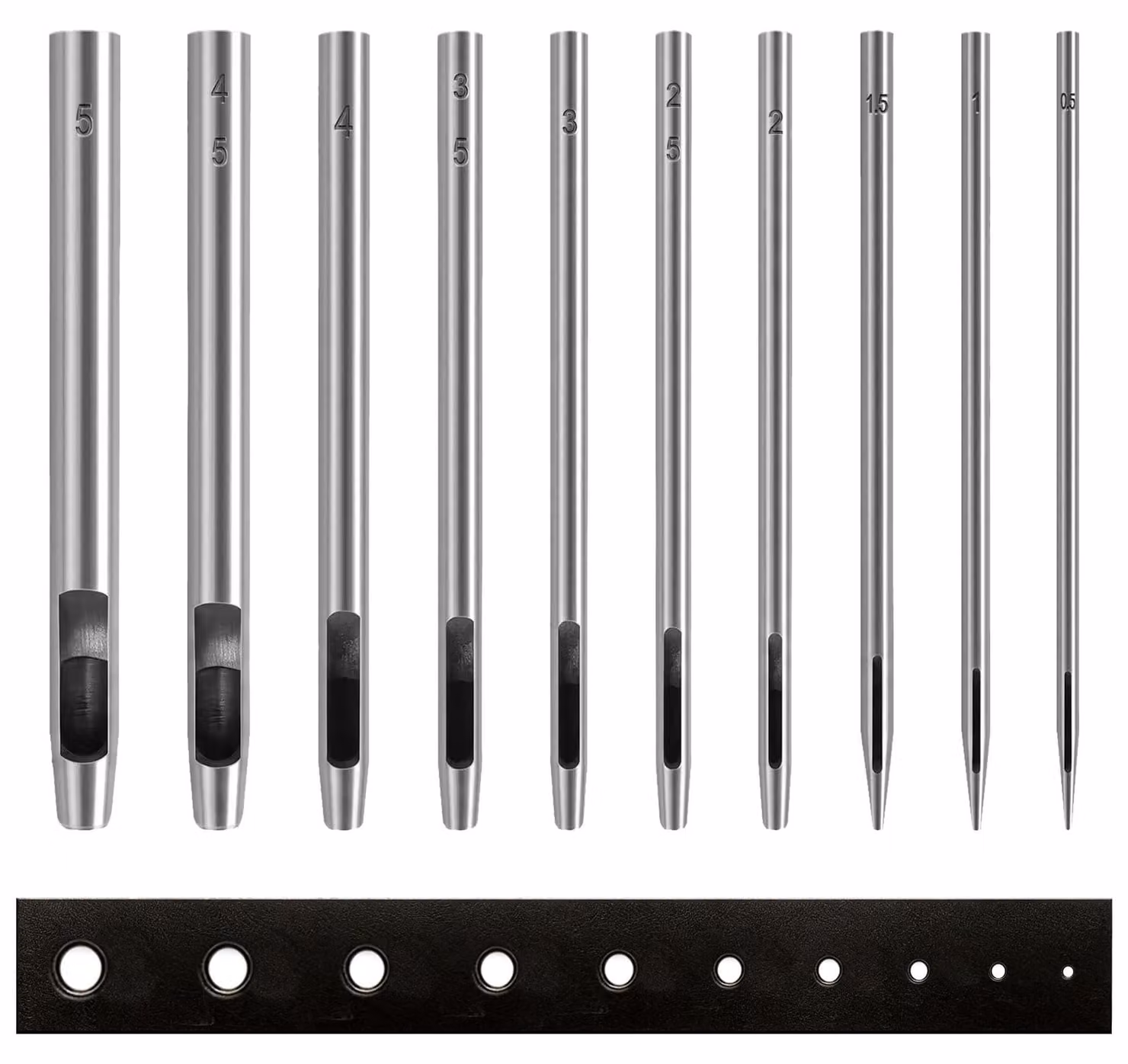 Set di strumenti per fori, composto da 10 punzoni, con diametri da 0,5 a 5 mm, adatti per pelle e tessuto