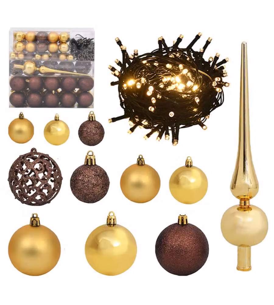 Set con 120 Palline di Natale Punta e 300 Luci LED Oro e Bronzo