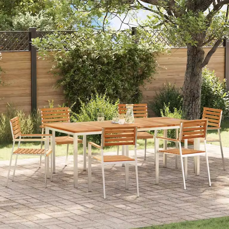 Set da pranzo per giardino e terrazzo vidaXL in legno di teak e acciaio inossidabile marrone, 7 pezzi