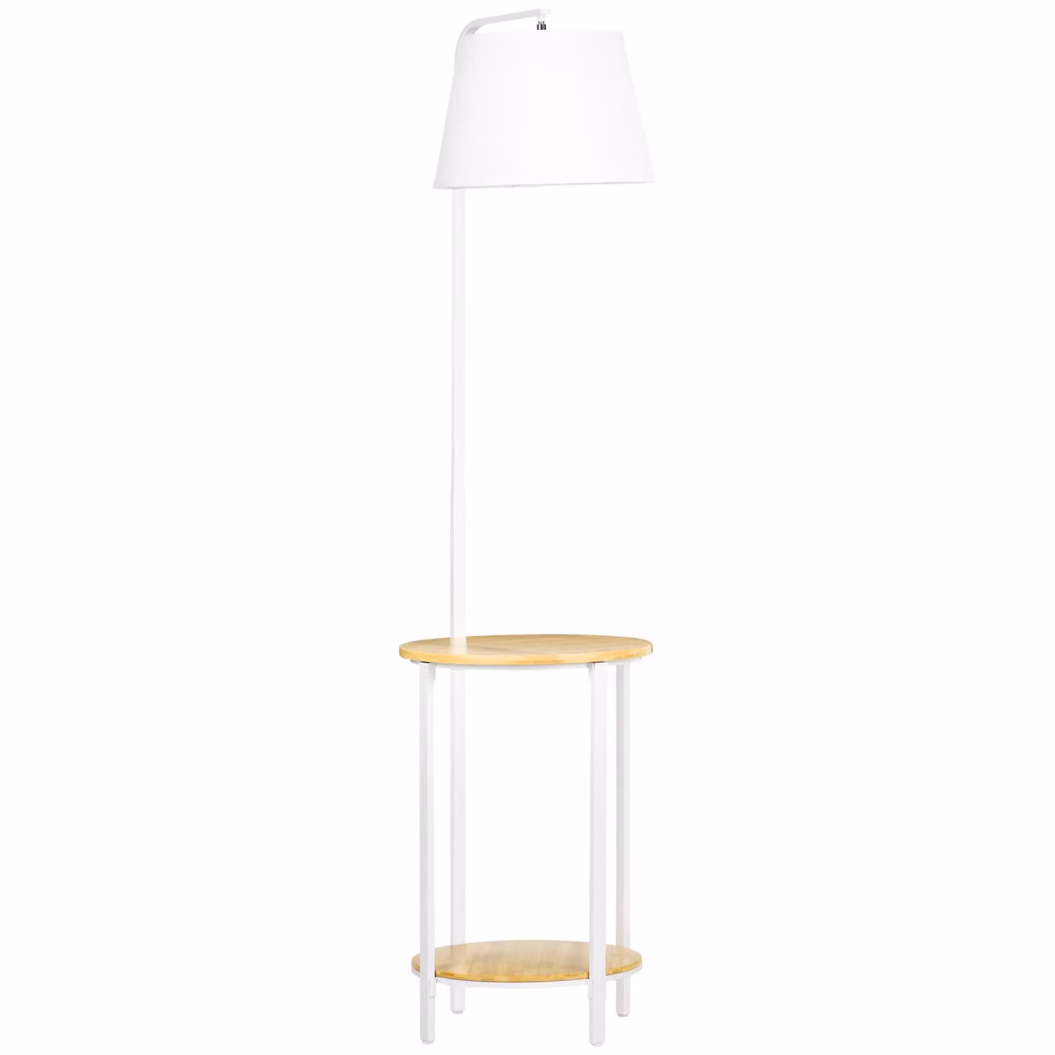 Lampada da terra Moonbite, altezza 162 cm, con 2 ripiani, paralume effetto lino, ripiano in bambù e struttura in metallo, interruttore a pedale, attacco E27 fino a 40 W, acciaio, bianco