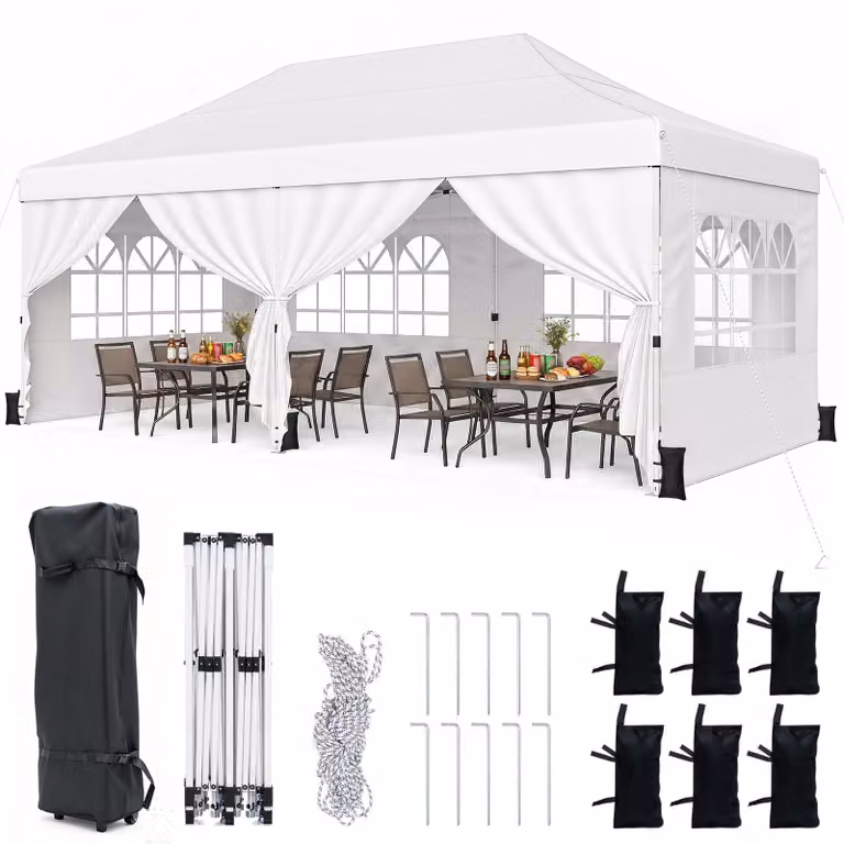 Gazebo pieghevole COSTWAY 3x6 m con 4 pareti laterali, gazebo da giardino regolabile in altezza, gazebo pop-up con 6 sacchi di sabbia e borsa con rotelle, gazebo per feste bianco