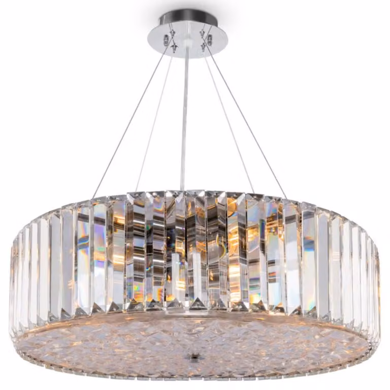 Lampadario Contemporaneo Recinto Metallo Cromo 8 Luci Diffusori Vetro Trasp.