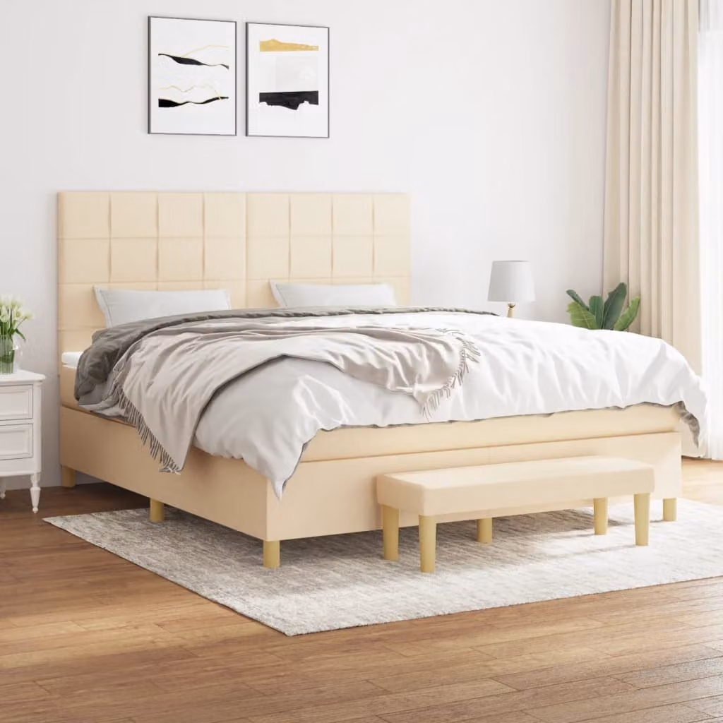 vidaXL Letto Ibrido con Giroletto a Molle e Materasso in Tessuto Beige e Bianco L/P: 160 x 200 cm