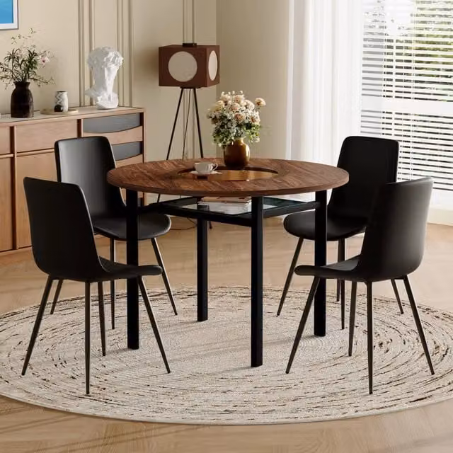 Set tavolo rotondo 100 cm con piano in MDF e vetro; marrone e nero