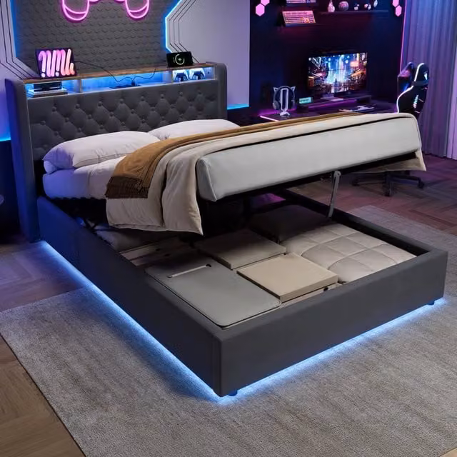 Letto contenitore 140x190 cm con illuminazione LED; testiera ribaltabile e spazio di archiviazione; grigio scuro