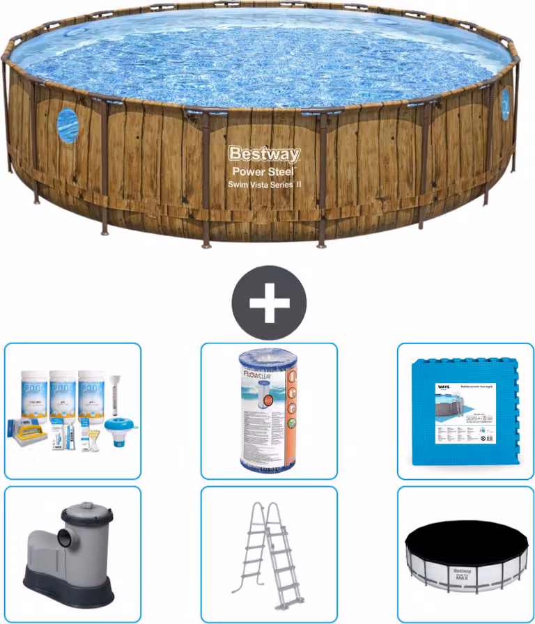Piscina Bestway Round Power Steel Swim Vista - stampa su legno - 549 x 122 - compresa pompa - scaletta - copertura pacchetto manutenzione - filtro - piastrelle per pavimento