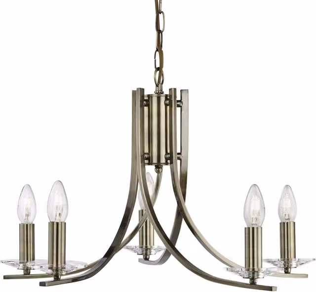 Lampadario Industrial-Nordico Ascona Acciaio Ottone Vetro 5 Luci E14