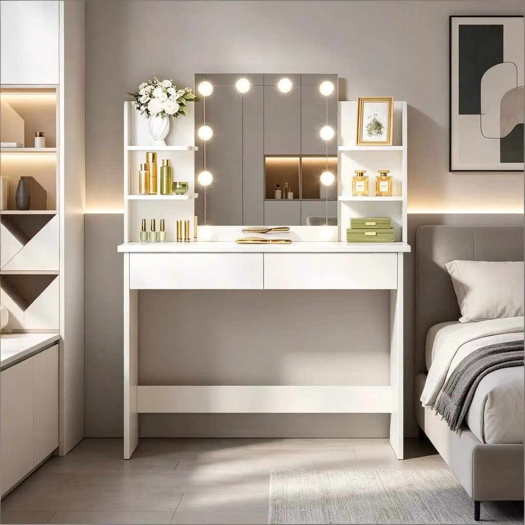 Toeletta Hollywood con specchio LED e doppio cassetto, 4 ripiani in legno e plastica, colore bianco, L: 90 cm, P: 40 cm, H: 135 cm – 2