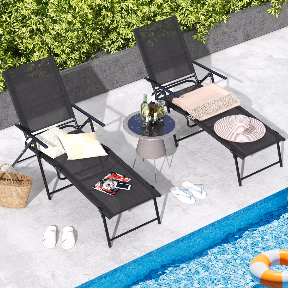 Set di 2 sedie a sdraio pieghevoli Costway per giardino, sedie reclinabili in textilene con schienale regolabile a 6 livelli e braccioli, colore Nero