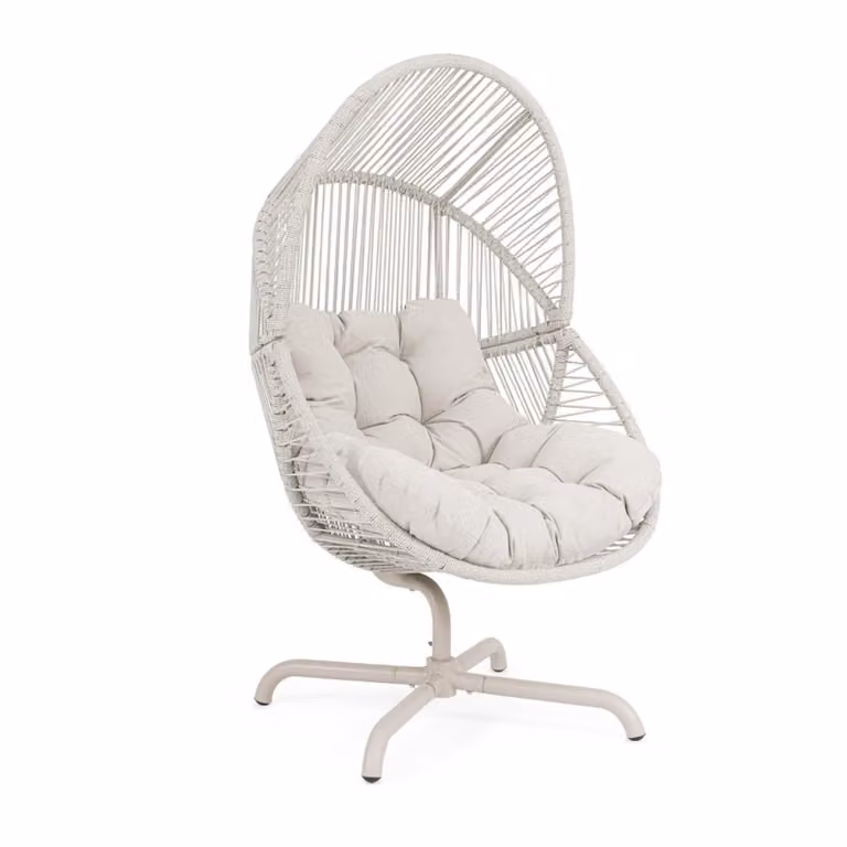 Poltrona girevole da giardino TARIFA con intreccio in fibra sintetica, base beige chiaro e cuscino