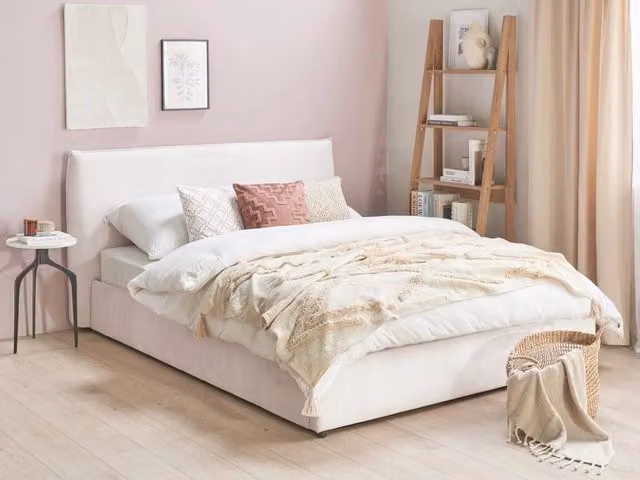 Letto Beliani King Size con contenitore e rivestimento in velluto bianco, testata classica e doghe in legno, L/P/H: 160 x 200 x 100 cm – 1