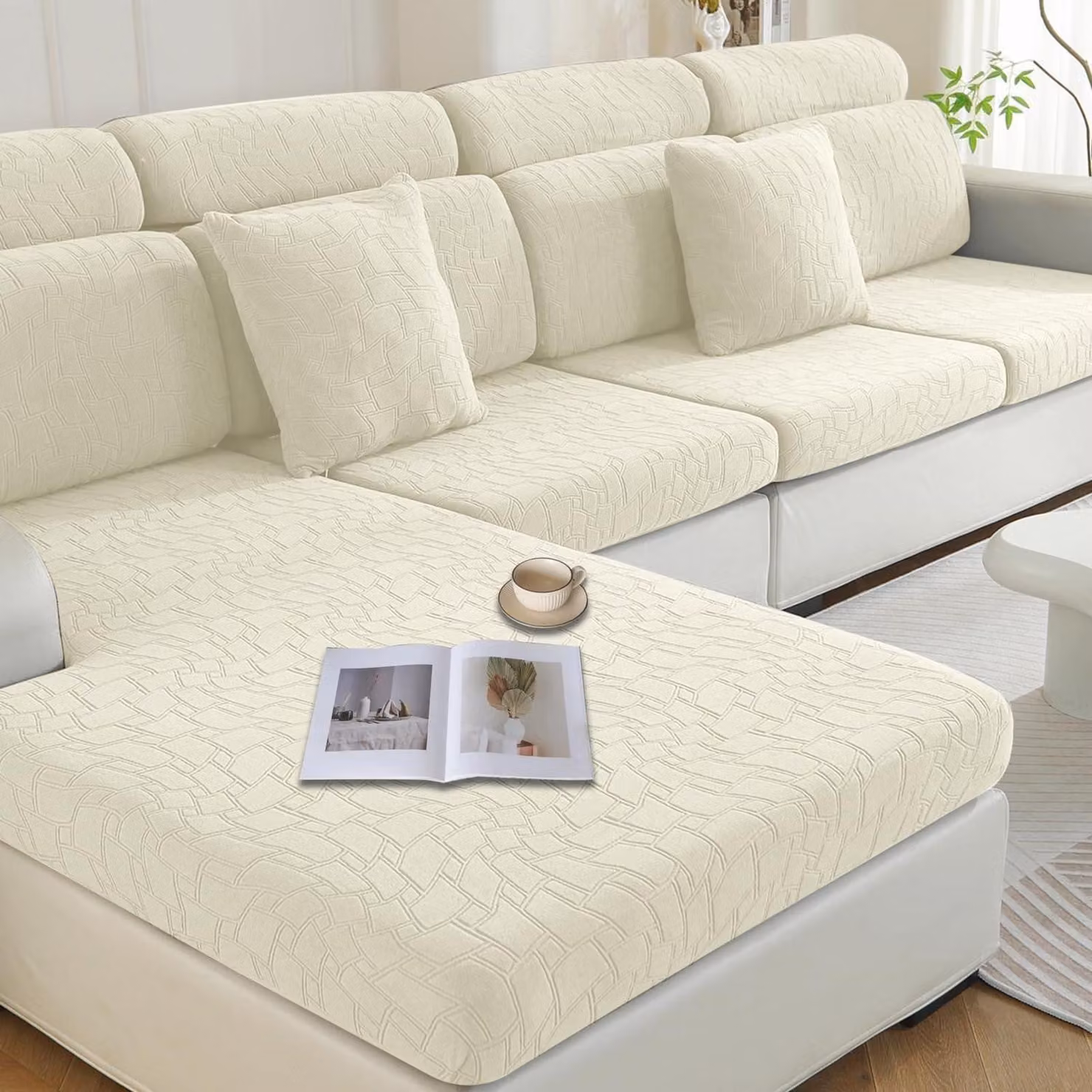 Copertura elastica per cuscini del divano, forma a L, 2 posti singoli + chaise longue, color beige