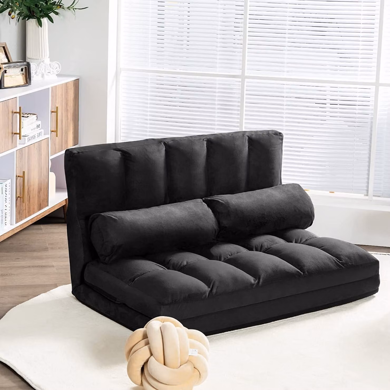 Divano letto COSTWAY con 2 cuscini, divano letto con schienale regolabile a 6 livelli, divano pieghevole, divano da terra per camera da letto, soggiorno e balcone (nero)