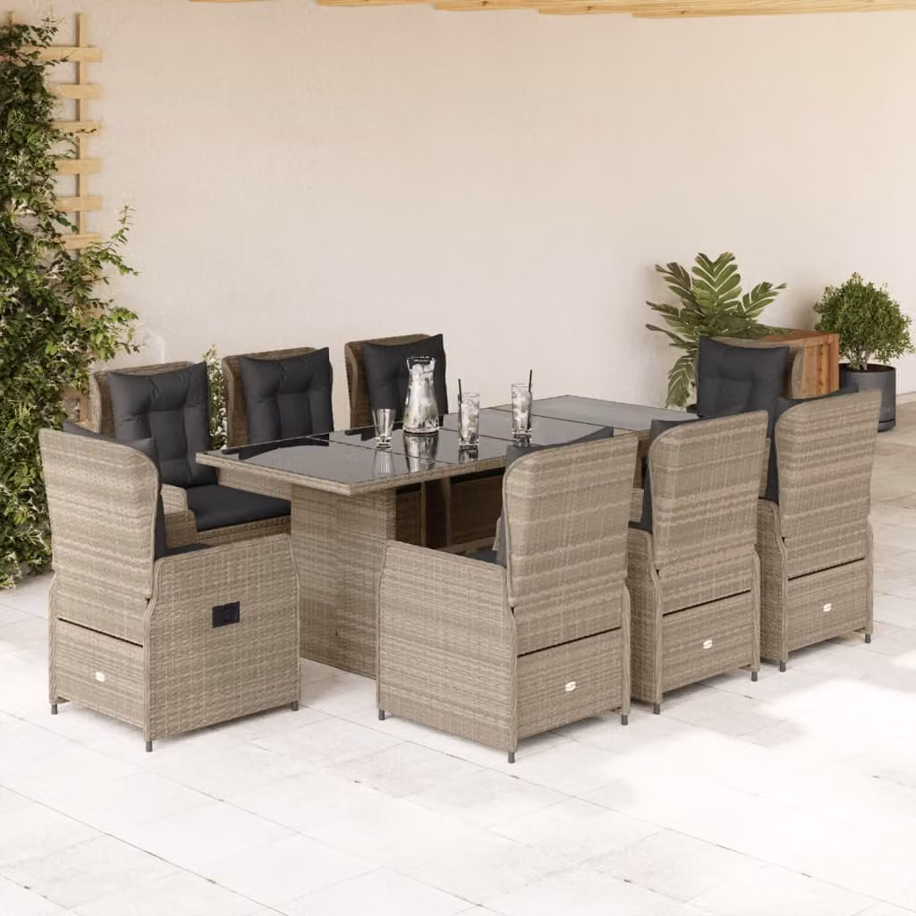 Set Pranzo da Giardino vidaXL in Polyrattan Grigio con 9 Pezzi e Piano in Vetro