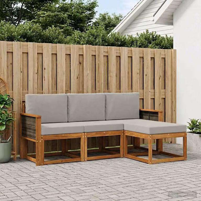 Set di divani da esterno vidaXL 4 pezzi in legno di acacia con cuscini, composizione a L con pouf, colori beige e grigio