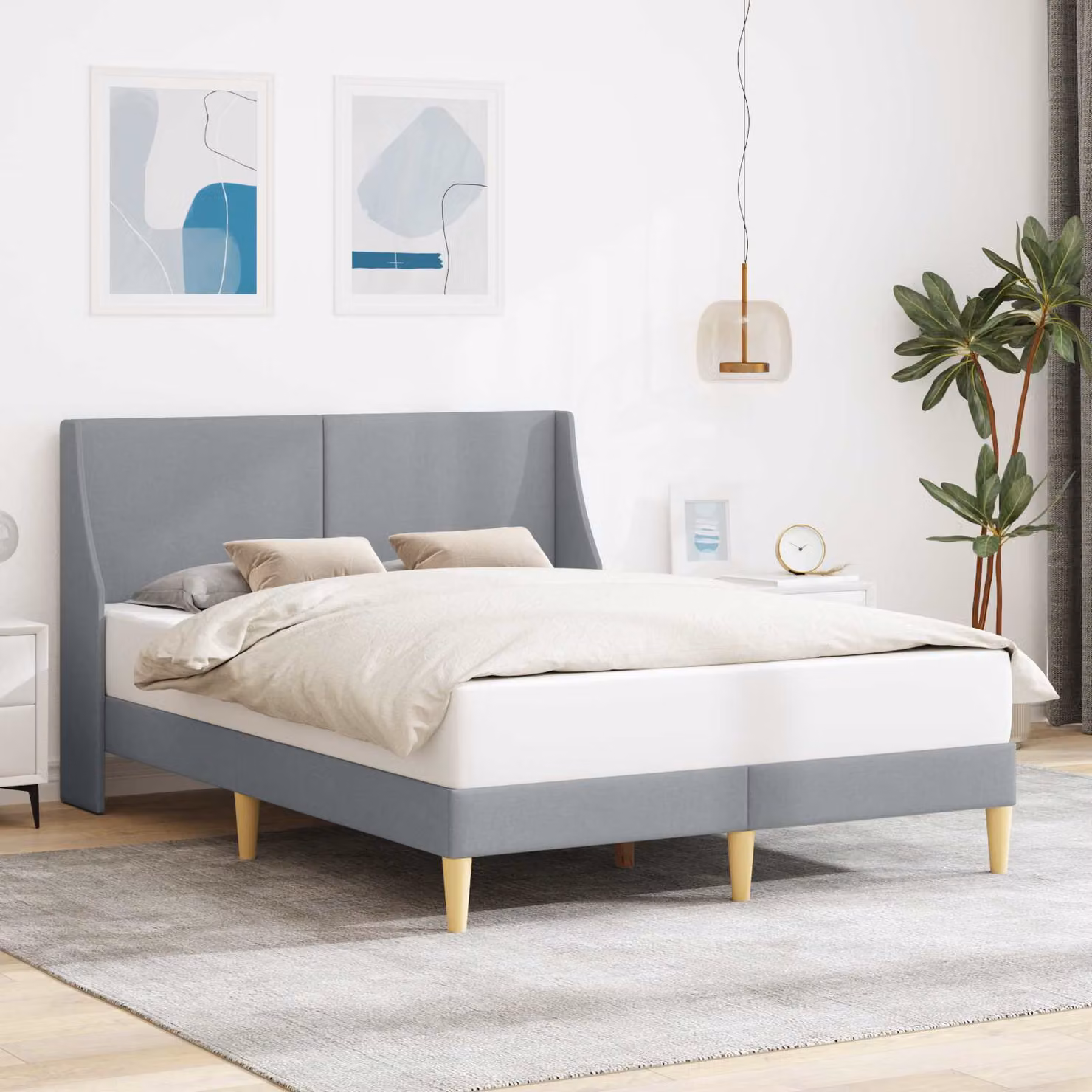 Struttura letto imbottita moderna vidaXL in tessuto grigio con listelli a doghe e telaio in legno e metallo