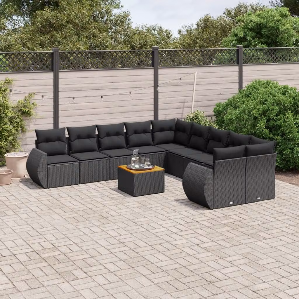 vidaXL Set Divani da Giardino 11 pz in Polyrattan Nero con Cuscini e Tavolino da Esterno a Forma di L – 1