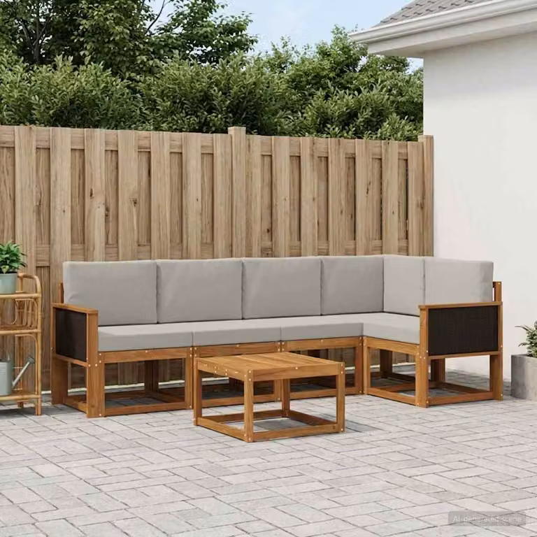 Set di divani da esterno vidaXL a forma di L in legno di acacia con cuscini, composto da divano a 3 posti, elementi angolari e tavolino da caffè, colori beige, grigio e marrone