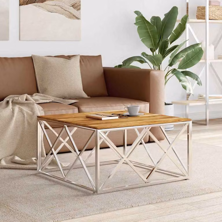 vidaXL Tavolino da Salotto Moderno in Acciaio Inox Argento e Legno di Acacia Marrone L: 80 cm, P: 40 cm, H: 40 cm