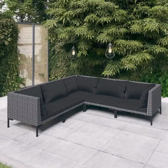 Set di divani da giardino a forma di L con cuscini vidaXL in rattan grigio e nero con struttura in metallo e coperture rimovibili – 1