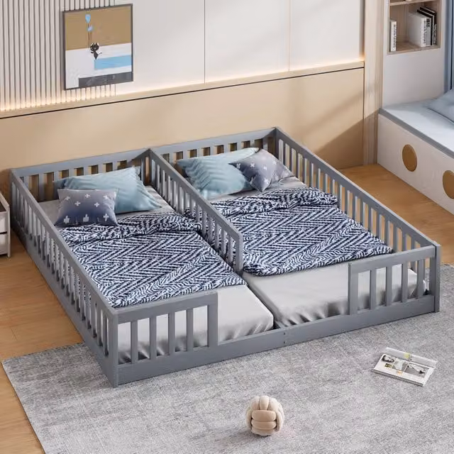 Letto per bambini OKWISH in pino e MDF grigio con barriere di sicurezza e rete, L/P/H: 90 x 200 x 40 cm