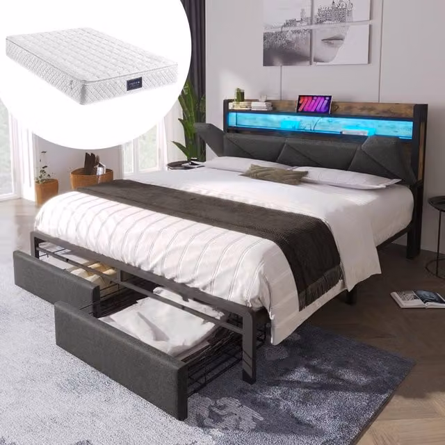 Letto Imbottito con Testiera Contenitore, USB e LED ¨C MINIMAL ¨C Grigio, 160x200, con materasso, rete a doghe, metallo, cassetti