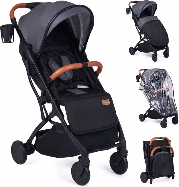 Passeggino pieghevole DESIGN IN per bambini 0-3 anni con sospensioni, portabicchieri e copertura antipioggia, Grigio