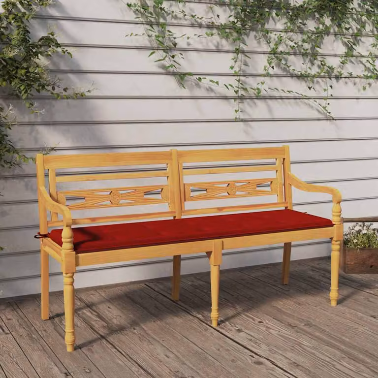 Panchina da giardino Batavia vidaXL in legno di teak con cuscini rossi e braccioli
