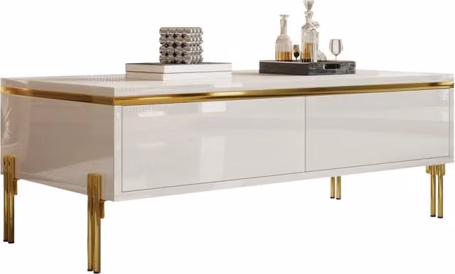 Tavolino da caffè moderno REDOM bianco e oro con finitura lucida L/P/H: 100 x 50 x 36 cm