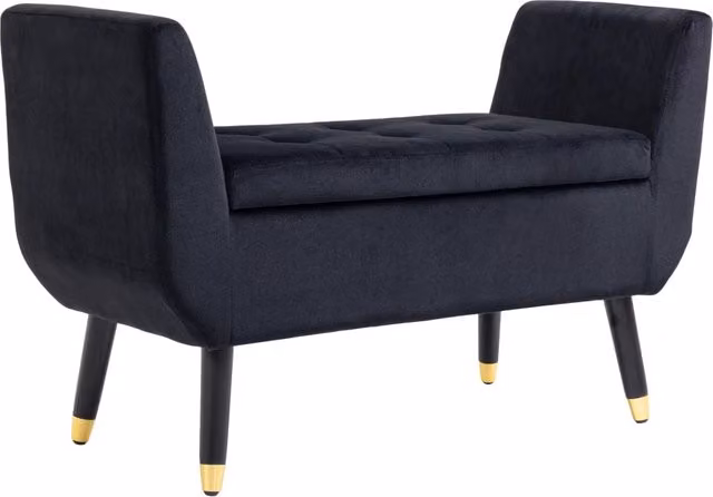 Panca contenitore con braccioli e seduta imbottita, in poliestere effetto velluto nero, 107 × 42 × 65 cm