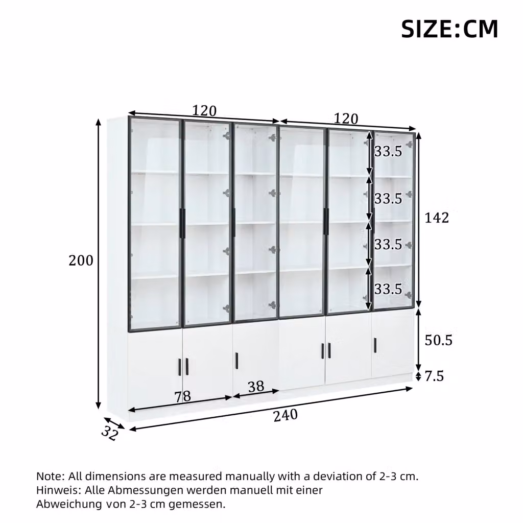 Vetrina moderna REDOM in MDF bianco con 12 ante in vetro e illuminazione LED, L: 240 cm, P: 32 cm, H: 200 cm – 2