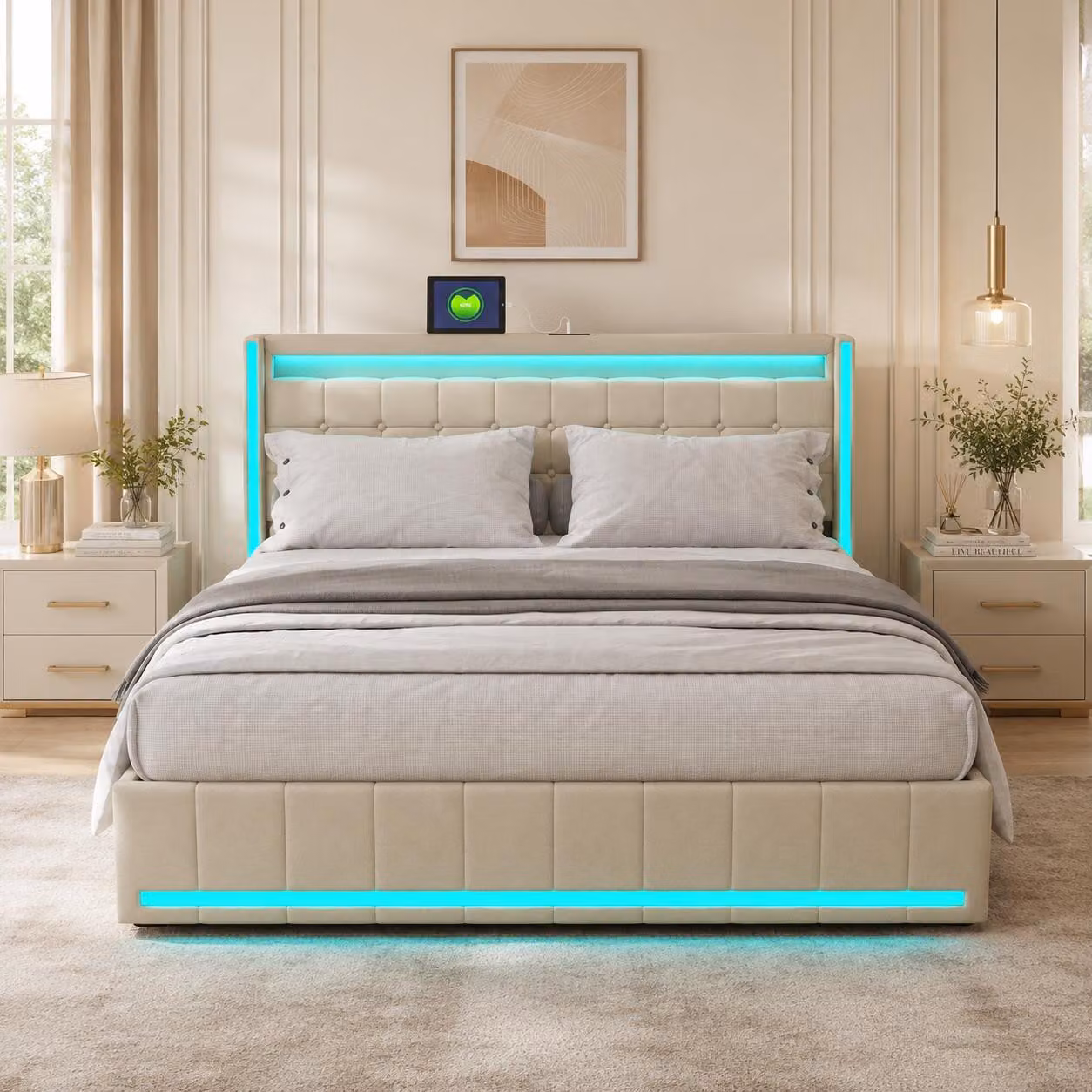 Letto matrimoniale INONEFT con contenitore, dimensioni 160x200 cm, imbottito con 4 cassetti, letto per ragazzi con luci LED, prese USB e Type-C, completo di rete a doghe, rivestito in lino beige