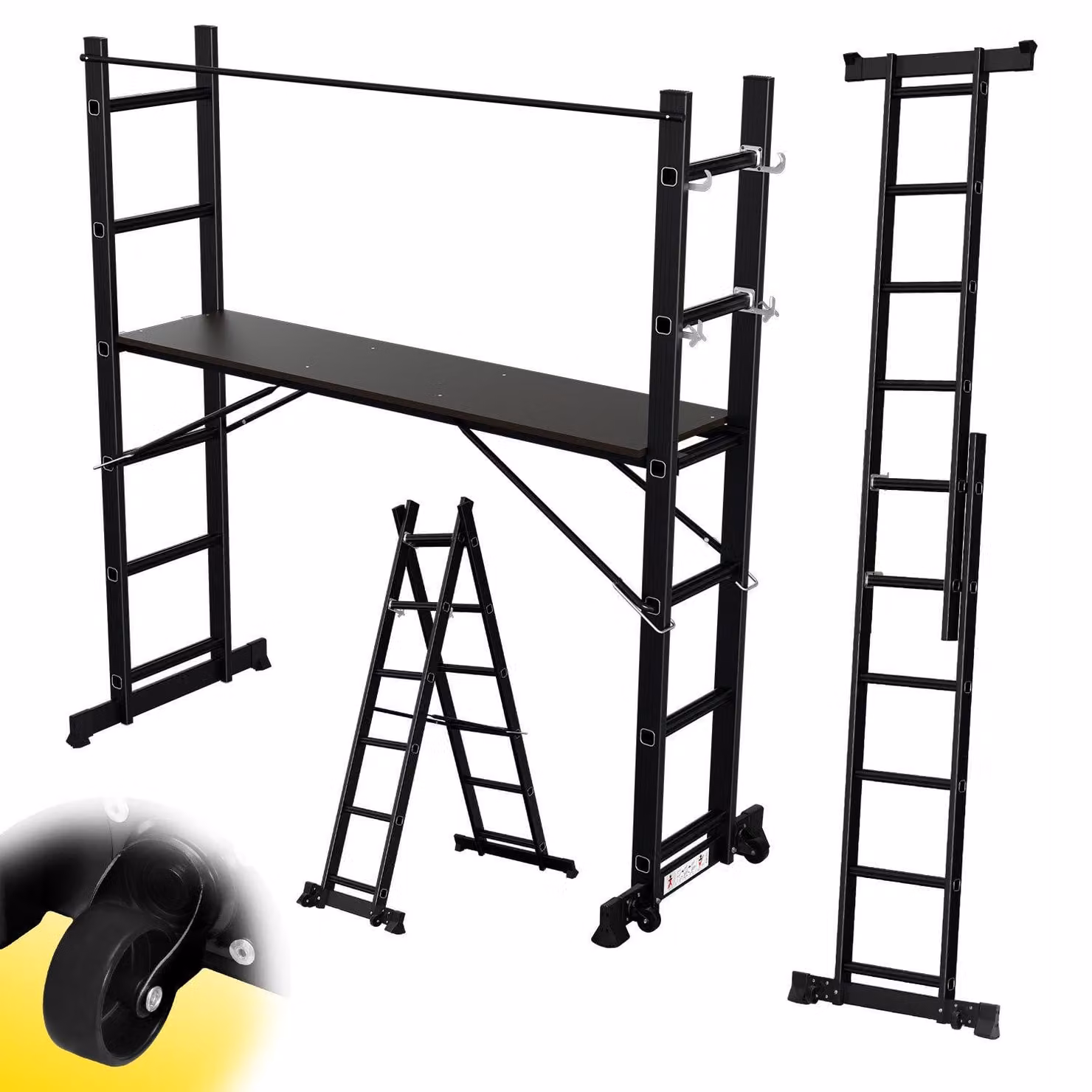 Scala a cavalletto in alluminio nera, 6 gradini, scala multifunzione 4-in-1 con piattaforma di lavoro e ruote, portata massima 150 kg