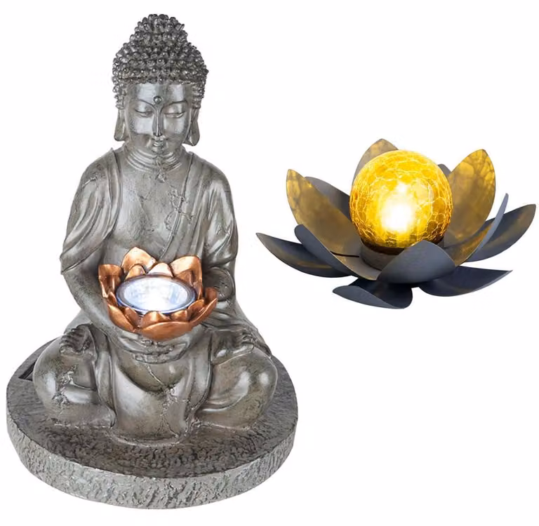 Set da 2 luci solari a LED, 1 fiore di loto, 1 Buddha