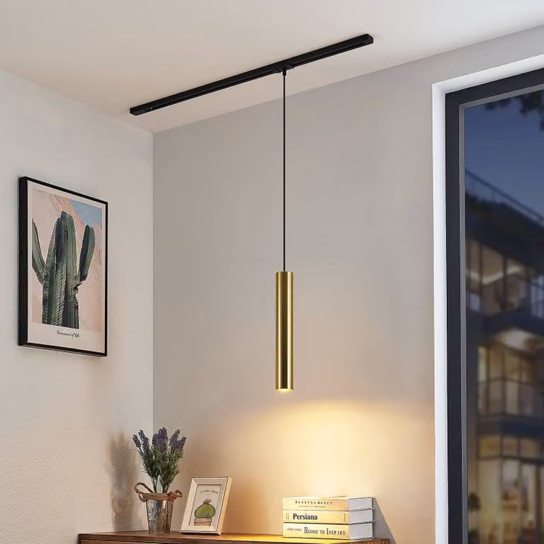 Lampada a sospensione Lindby Linaro, 40 cm, oro, monofase, GU10 Linaro, Nero, Soggiorno / Sala da pranzo, Metallo, Moderno, Lampada a binario