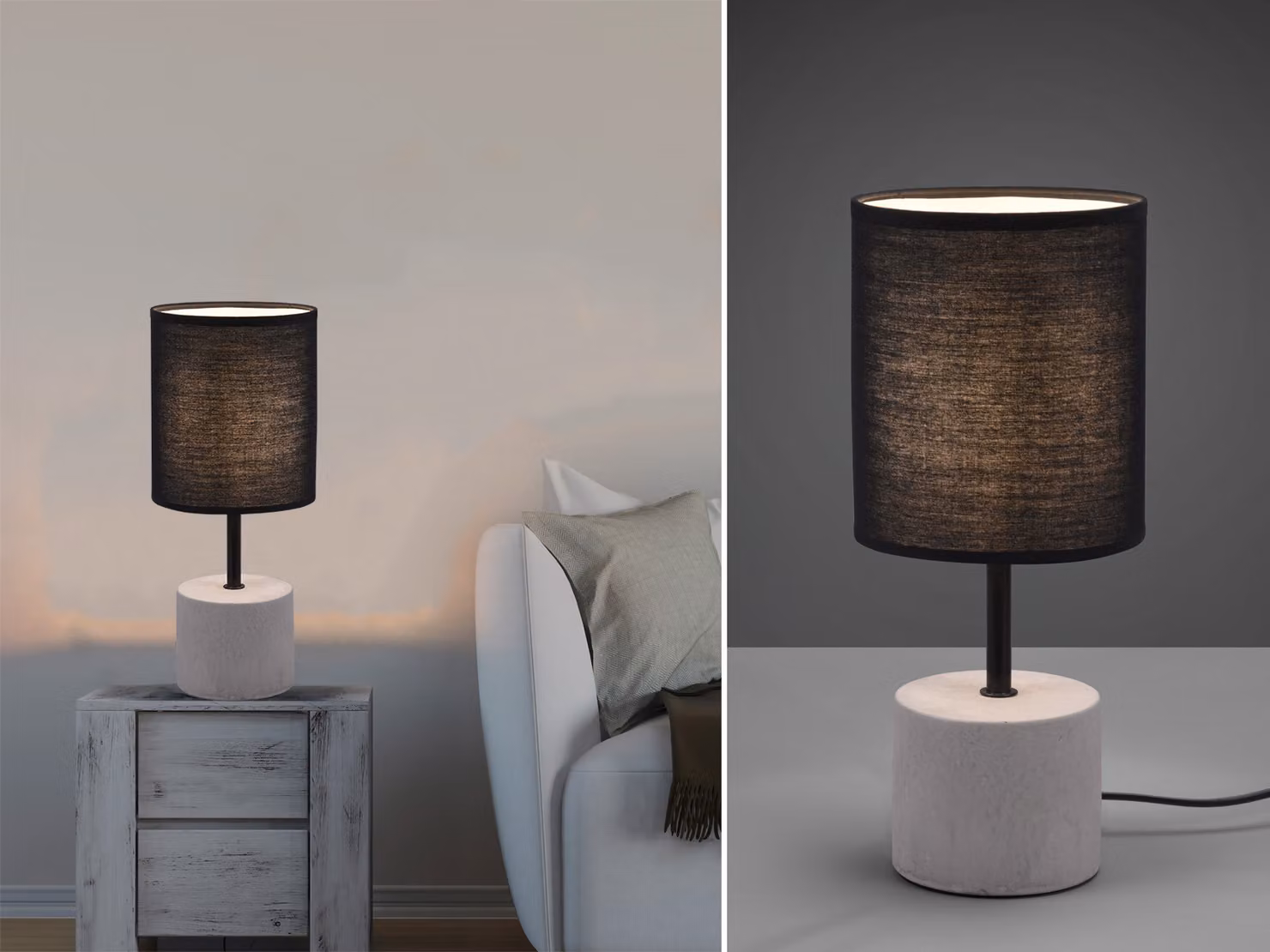Lampada da tavolo BEN 35cm, base in cemento e paralume in tessuto nero
